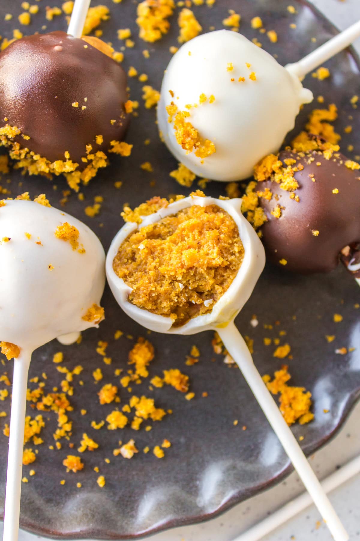 pumpkin cake pop broken open to see inside