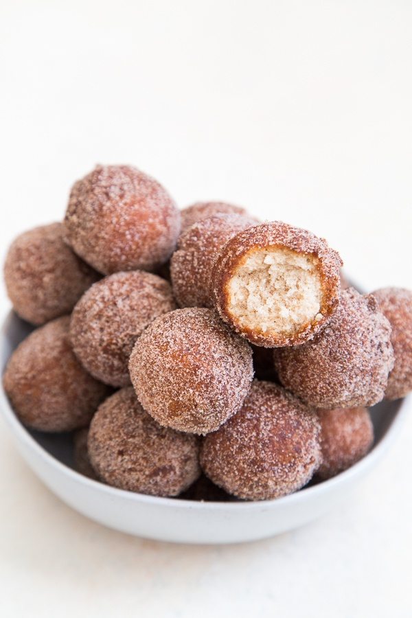 Apple Cider Doughnut Holes displayed in a bowl