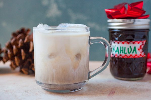 Homemade Kahlua liqueur used for a White Russian in a mug