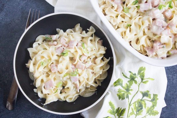 Creamy Parmesan Noodles with Ham recipe by RecipeGirl.com