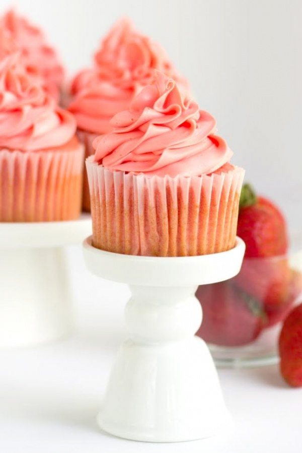 Pink Strawberry Cupcakes recipe from RecipeGirl.com