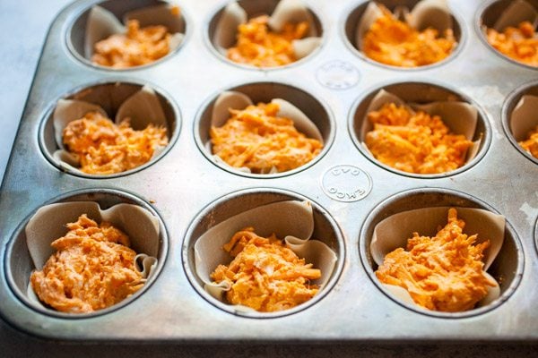 preparing to bake Easy Buffalo Chicken Wonton Cups