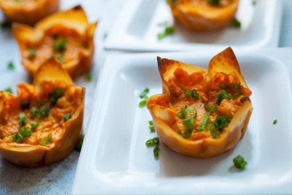 Easy Buffalo Chicken Wonton Cups on a white plate