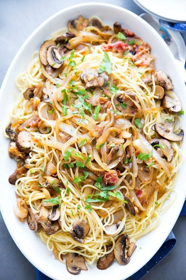 Spaghetti with Caramelized Onions, Mushrooms and Pancetta