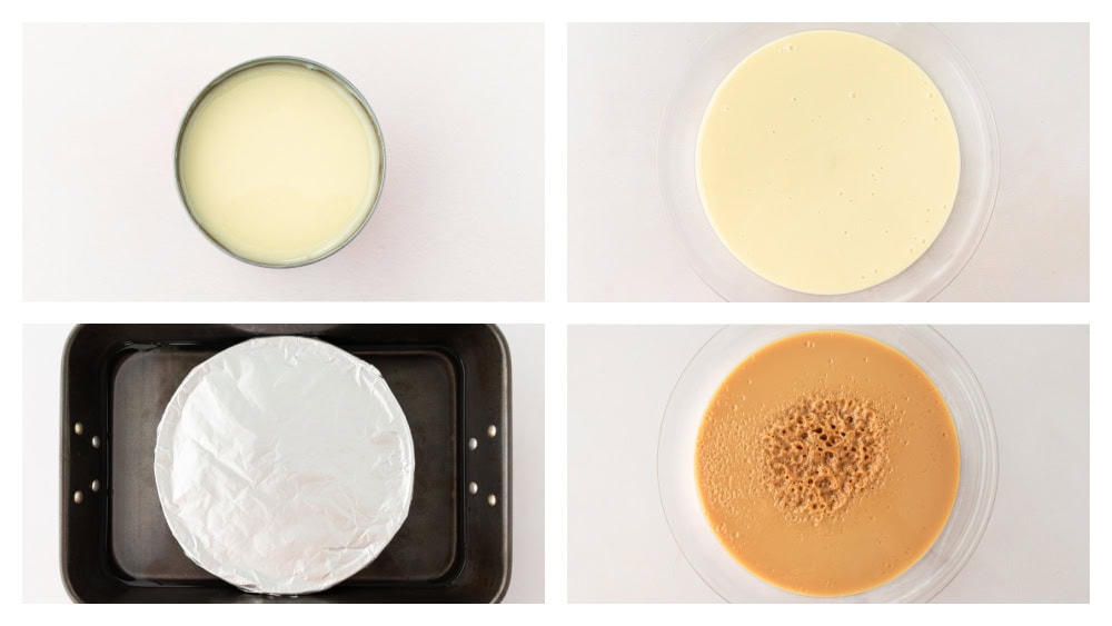 Homemade Dulce de Leche recipe made in the oven: by RecipeGirl.com four photos showing how to make homemade dulce de leche