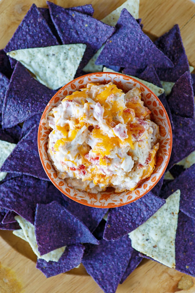 Hot Chicken Enchilada Dip served with tortilla chips