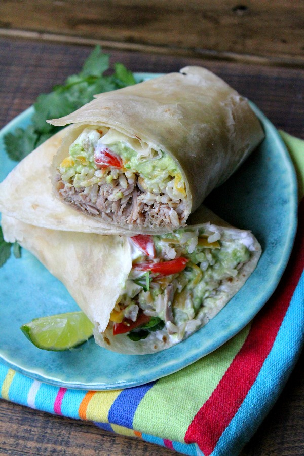 Slow Cooker Carnitas Burritos on a blue plate