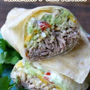 pinterest image for slow cooker carnitas guacamole and rice burritos
