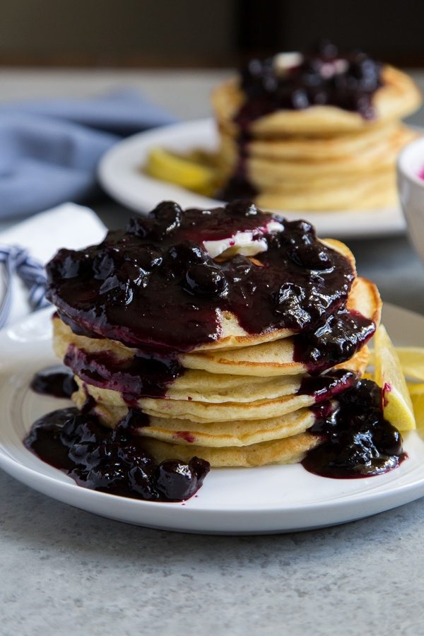 Stack of Lemon Pancakes with Blueberry Sauce