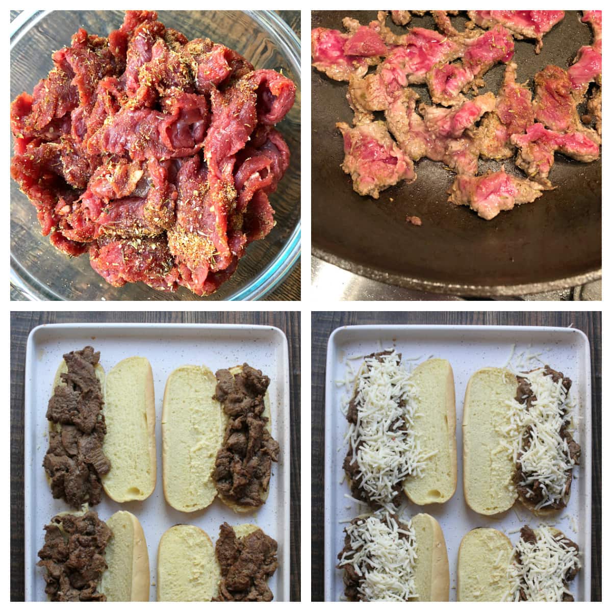 four photos showing how to make cajun cheesesteak sandwiches