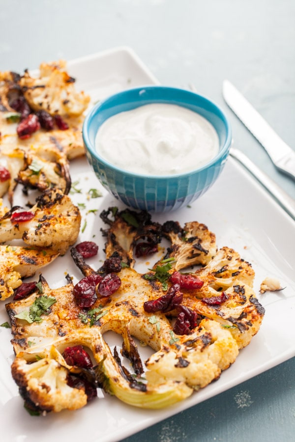 Grilled Cauliflower Steaks served with yogurt sauce