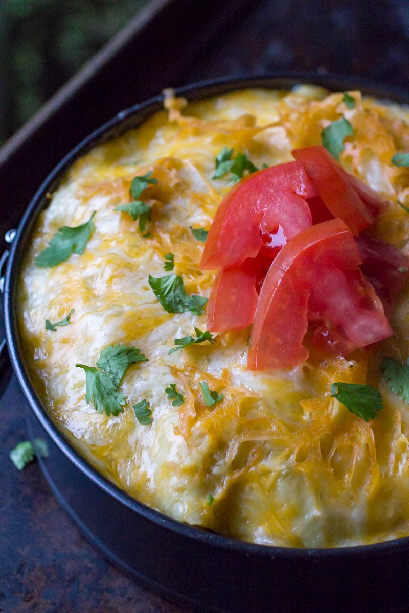 Instant Pot Green Chicken Enchilada Casserole in a springform pan