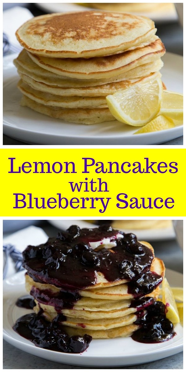 Lemon Pancakes with Blueberry Sauce recipe from RecipeGirl.com #lemon #pancakes #blueberry #breakfast #recipe