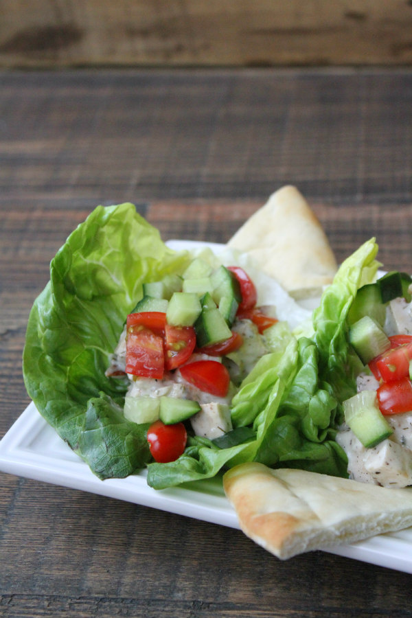 Close up of Greek Chicken Lettuce Wraps