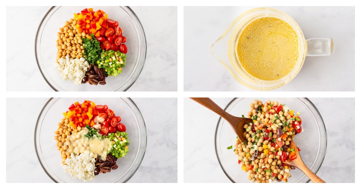 This Mediterranean Chickpea Salad is a super popular, delicious and easy salad recipe from RecipeGirl.com. four photos showing how to make mediterranean chickpea salad