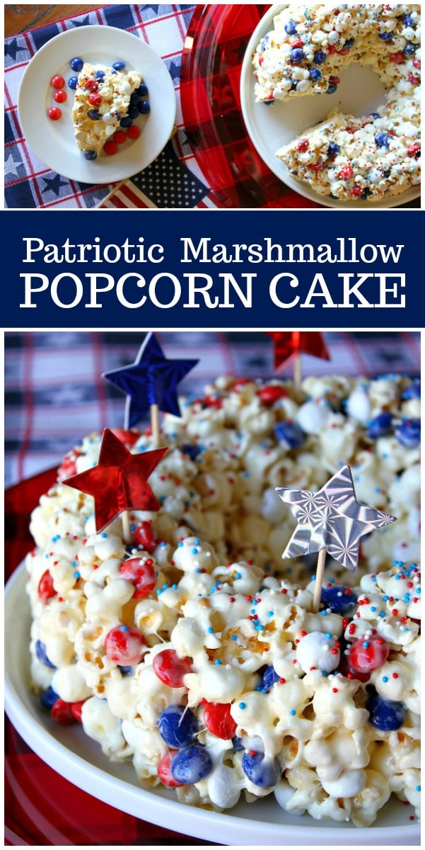 Patriotic Marshmallow Popcorn Cake recipe from RecipeGirl.com #patriotic #redwhiteandblue #mms #popcorn #cake #marshmallow #dessert #4thofJuly #recipe