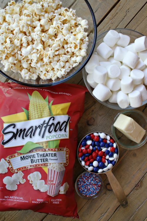 Ingredients for Patriotic Marshmallow Popcorn Cake