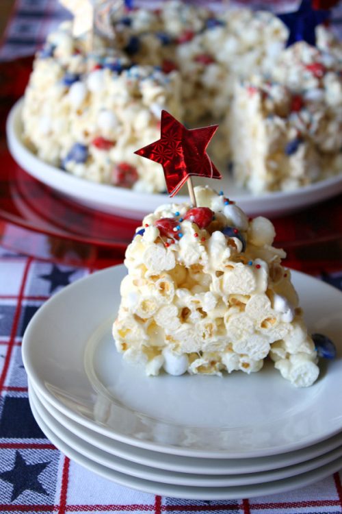 Slice of Patriotic Marshmallow Popcorn Cake