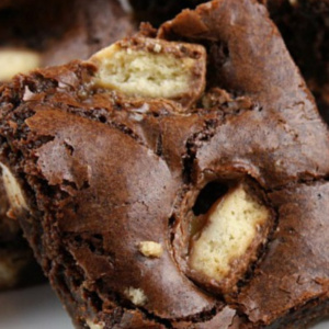 pinterest image for twix bar brownies