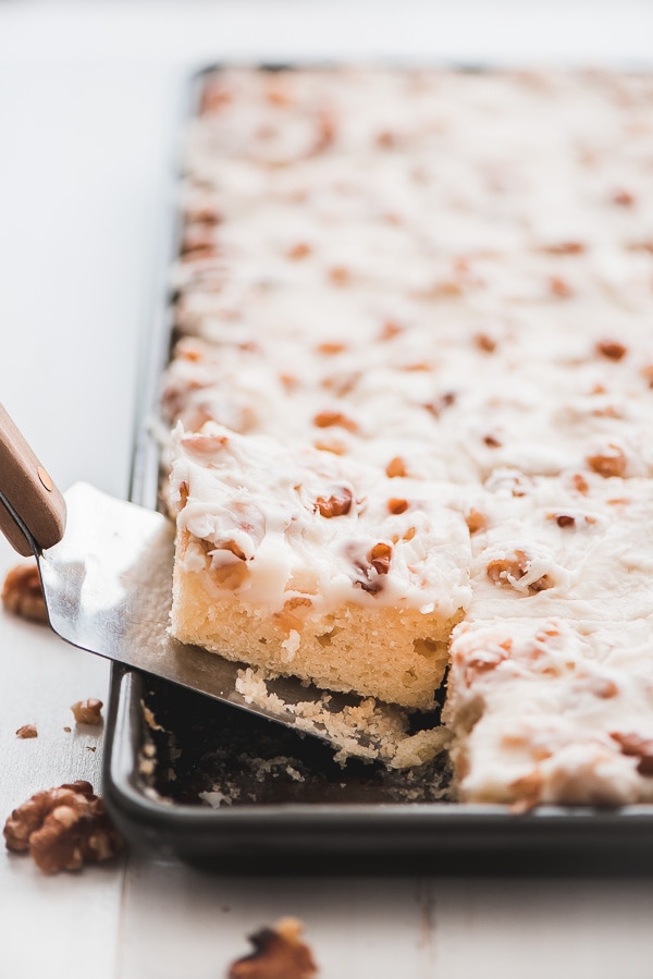 slice of white texas sheet cake