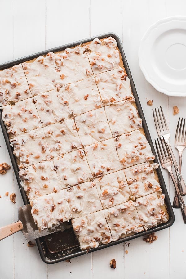 sliced white texas sheet cake