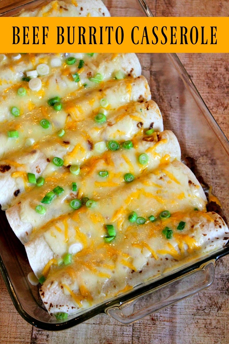 Easy Beef Burrito Casserole recipe by RecipeGirl.com #beef #burrito #casserole #recipe #RecipeGirl overhead shot of beef burrito casserole in a glass dish