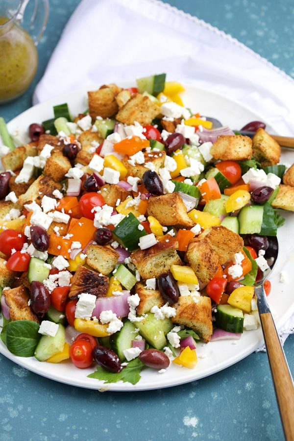 Greek Panzanella Salad on a White Plate