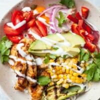 Overhead shot of Grilled Chicken Burrito Bowl in a white bowl