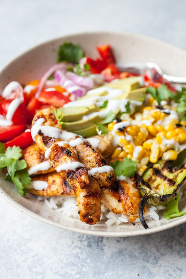 Grilled Chicken Burrito Bowl in a white bowl