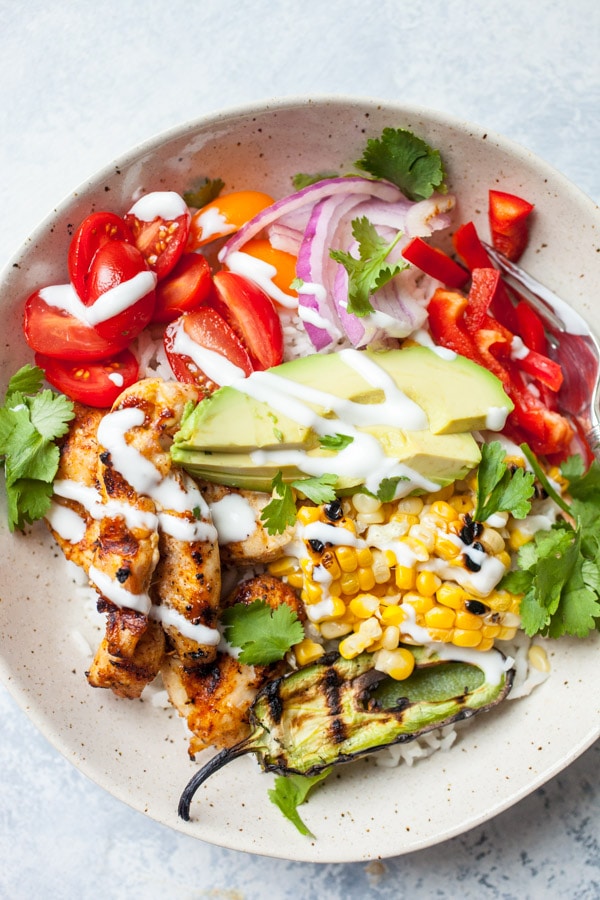 Grilled Chicken Burrito Bowl in a white bowl