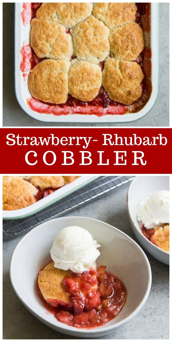 Strawberry Rhubarb Cobbler recipe from RecipeGirl.com #strawberry #rhubarb #cobbler #recipe #RecipeGirl #summer #dessert