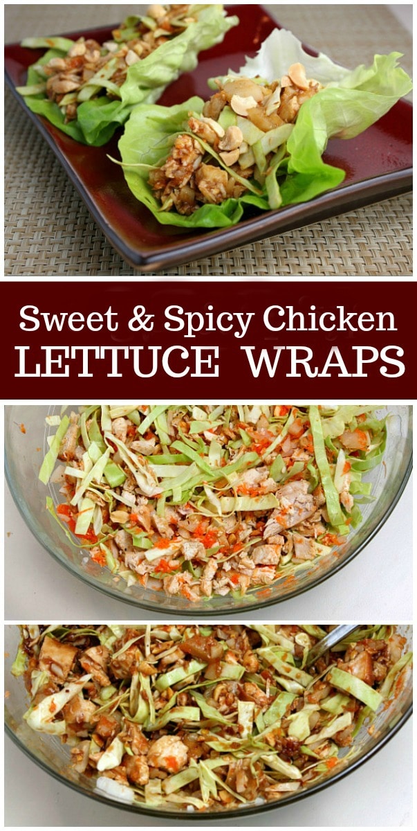 Easy, healthy recipe for Sweet and Spicy Chicken Lettuce Wraps from RecipeGirl.com #lettuce #wraps #chicken #weightwatchers #recipe #RecipeGirl