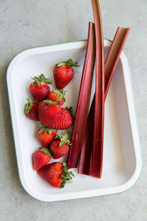 Strawberries and Rhubarb displayed in a white dish