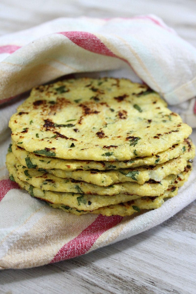 stack of cauliflower tortillas in a cloth napkin