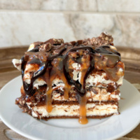 slice of frozen caramel toffee ice cream sandwich dessert on plate