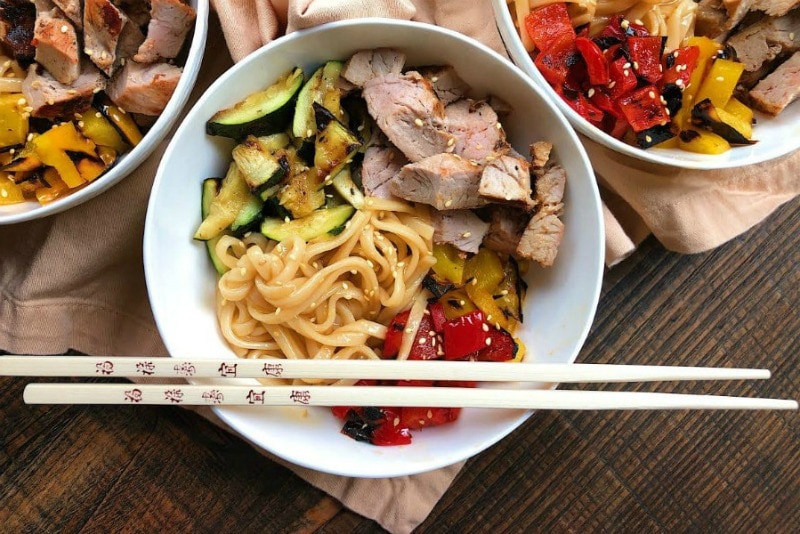 Grilled Pork and Vegetable Teriyaki Noodle Bowls Image