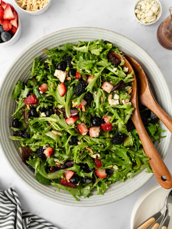 triple berry salad in a salad serving bowl
