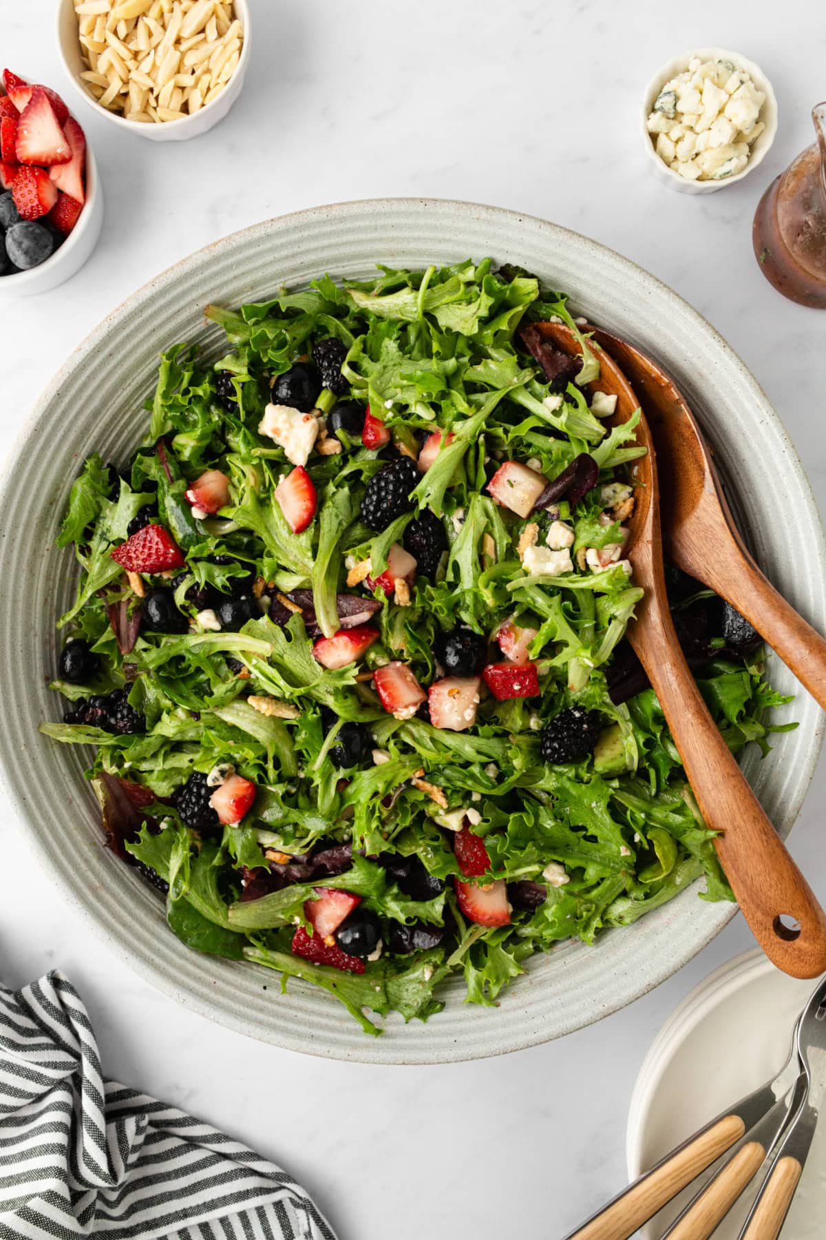triple berry salad in a salad serving bowl