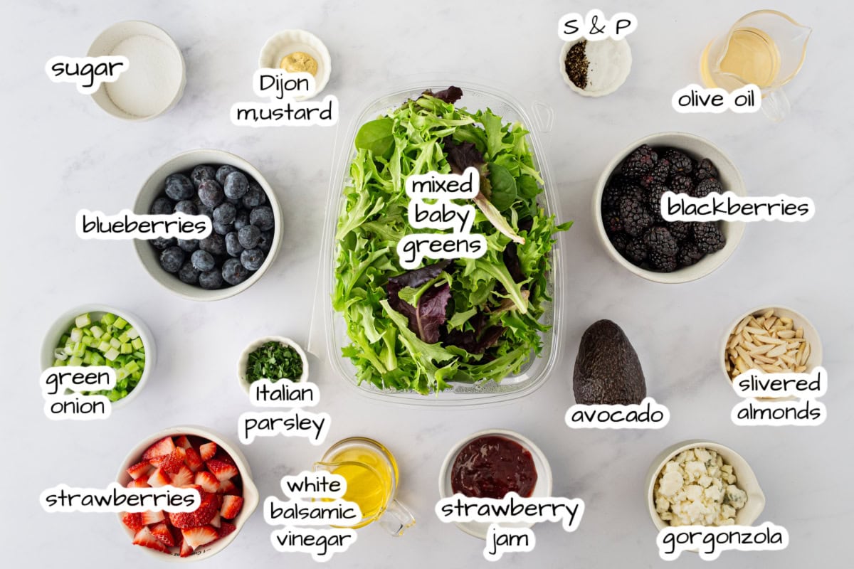 ingredients displayed for making triple berry salad
