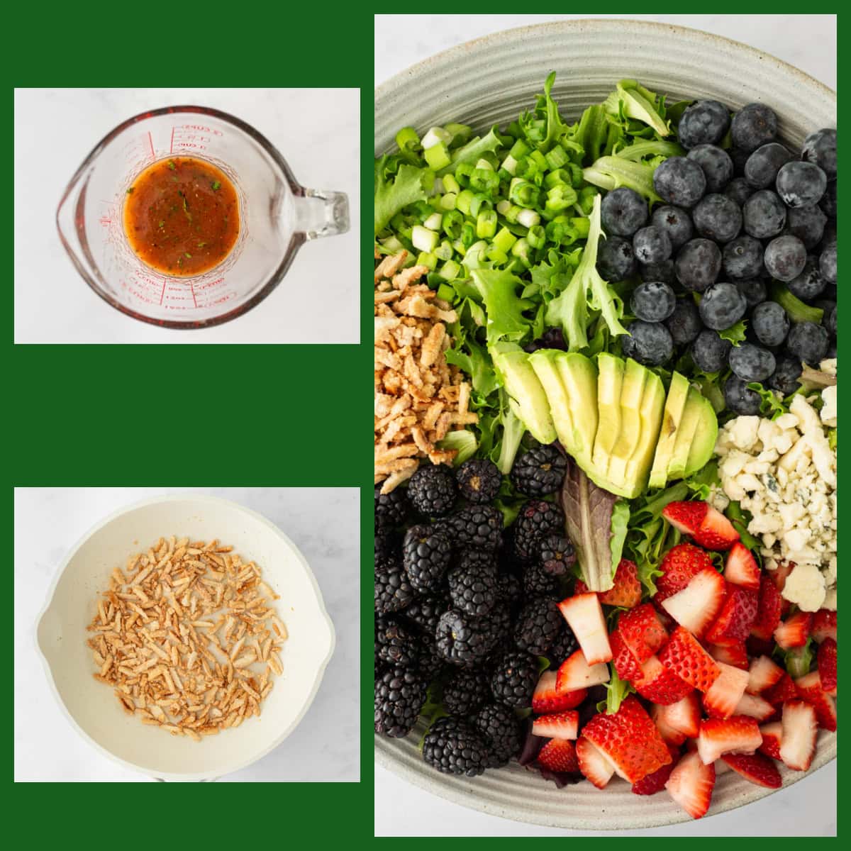 three photos showing how to make triple berry salad