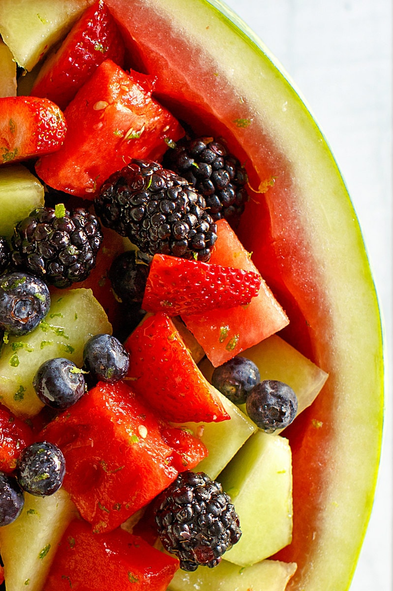 Close up overhead shot at the side of a watermelon fruit bowl