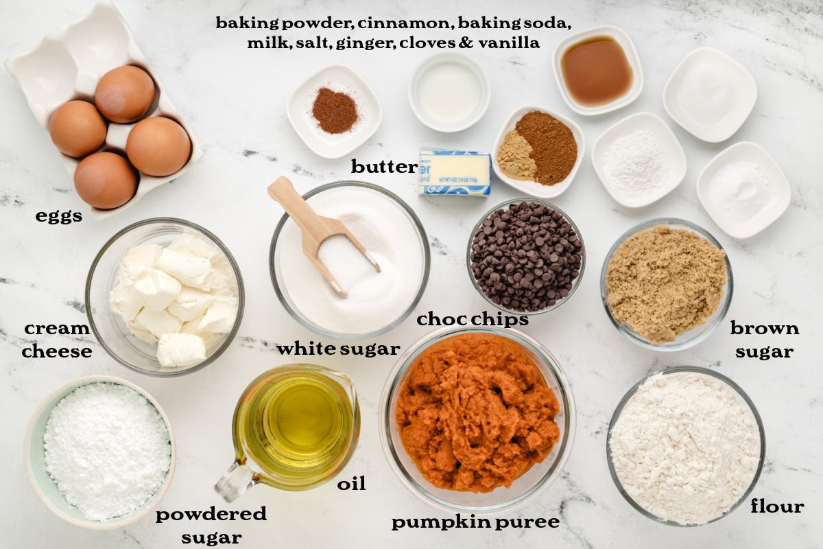 ingredients displayed for making chocolate chip pumpkin bars