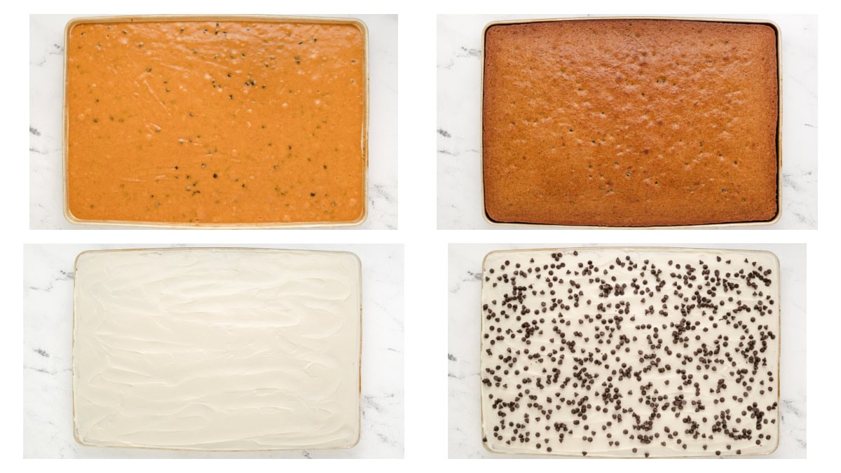four photos showing how to make chocolate chip pumpkin bars