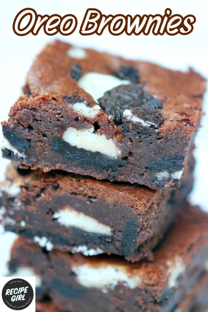 pinterest image for oreo brownies - a stack of 3 brownies