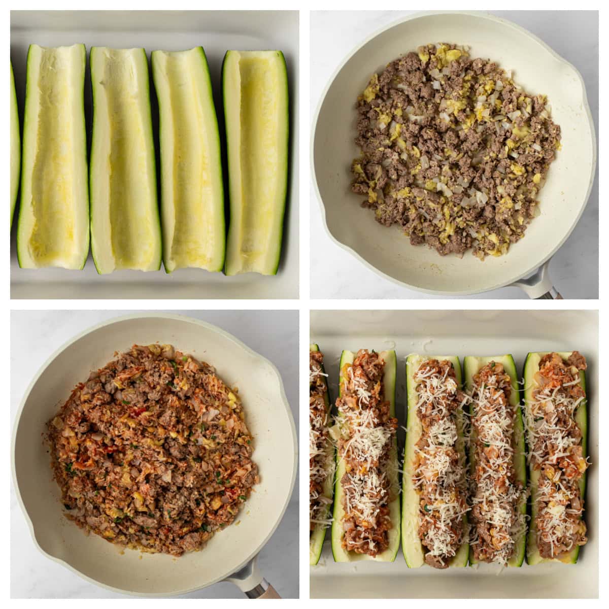 Sausage Stuffed Zucchini Boats Recipe : from RecipeGirl.com : summer zucchini recipe four photos showing how to make sausage stuffed zucchini