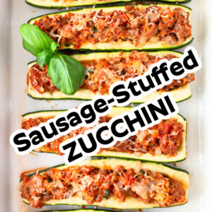 pinterest image for sausage stuffed zucchini