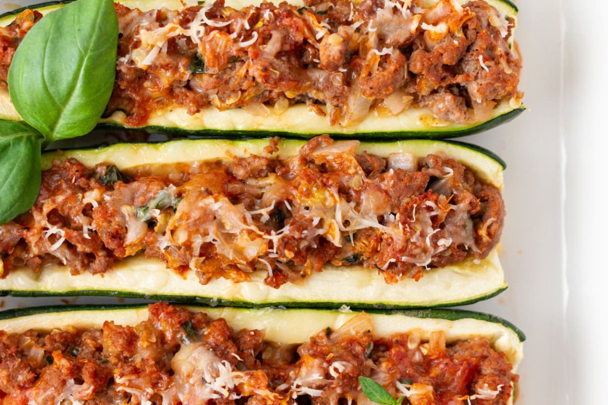 Sausage Stuffed Zucchini Boats Recipe : from RecipeGirl.com : summer zucchini recipe close up sausage stuffed zucchini