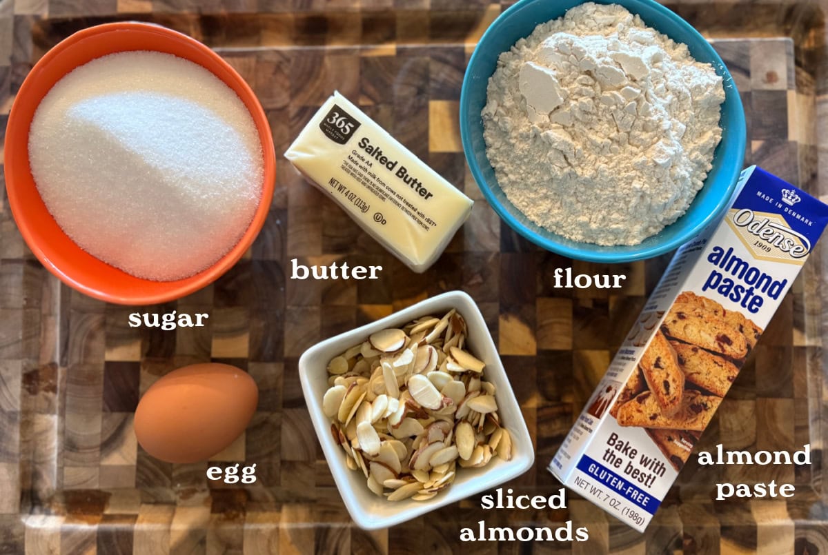 ingredients displayed for making almond butter cake