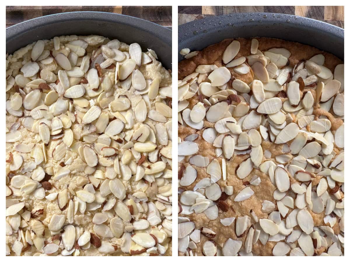 two photos showing almond butter cake in pan before and after baking