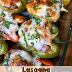 pinterest image for lasagna stuffed peppers